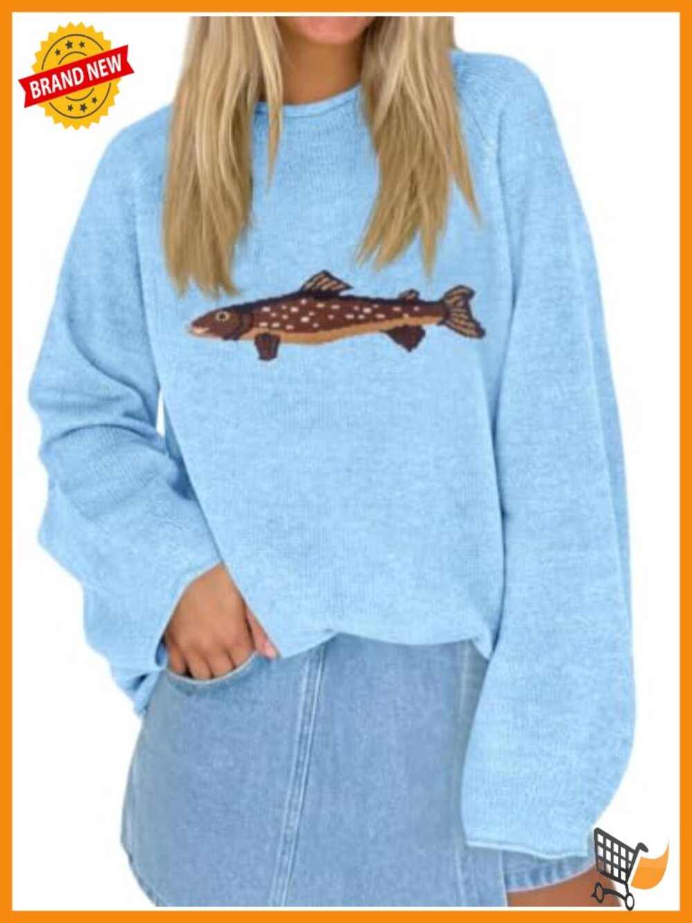 Fish Graphic Oversized Lightweight Knit Pullover Sweater